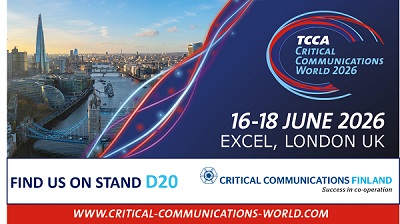 Critical Communications World 2026, 16-18th June 2026, Excel, London,UK Find Critical Communications Finland on stand D20 View of river Thames in the background, text on the top
